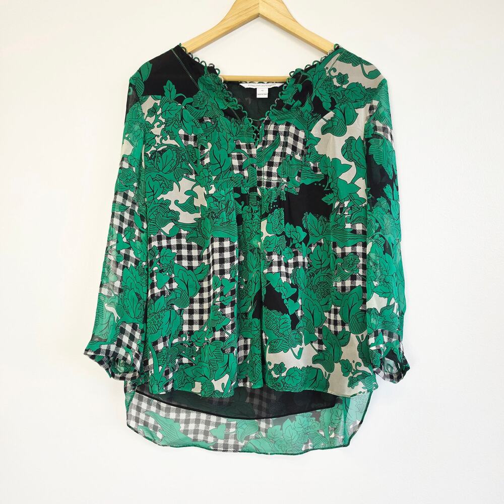Diane von Furstenberg Green Floral Checkered Silk Blouse Long Sleeve Size 12